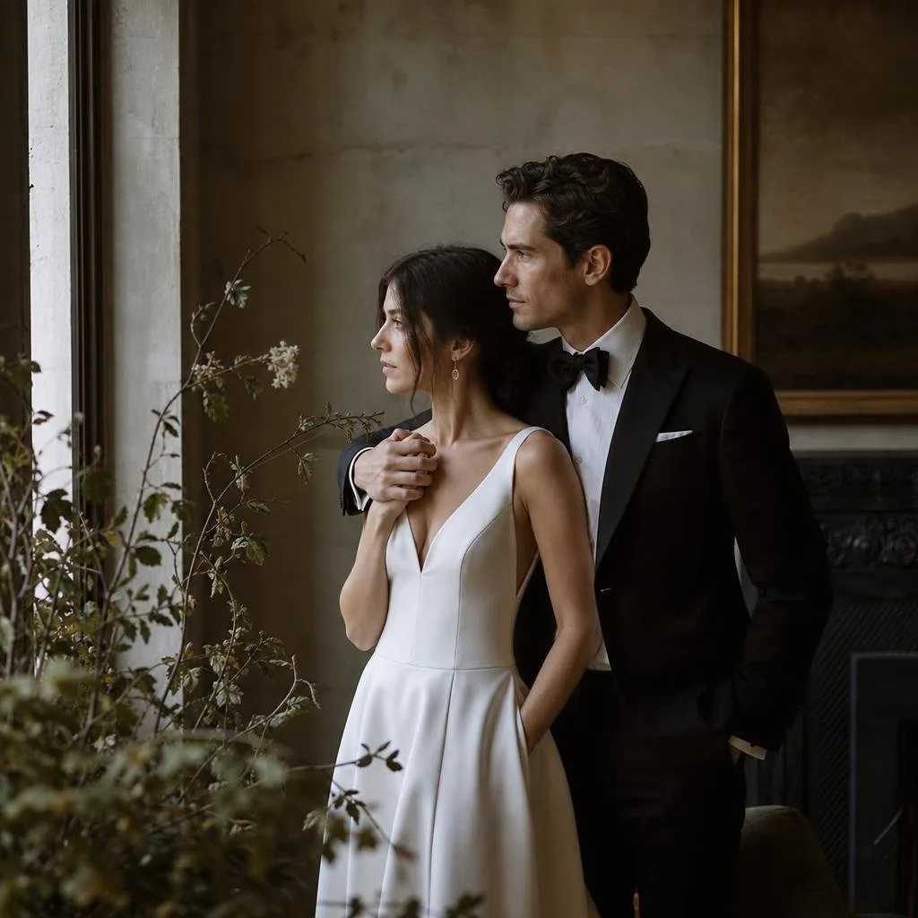 The couple in black tie on candlelit library steps at dusk