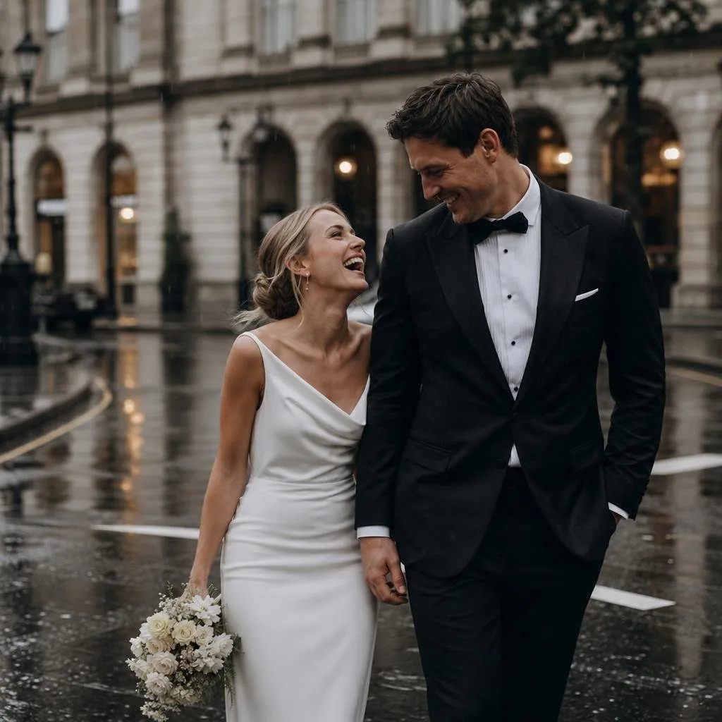 The couple laughing on a rain-washed city street