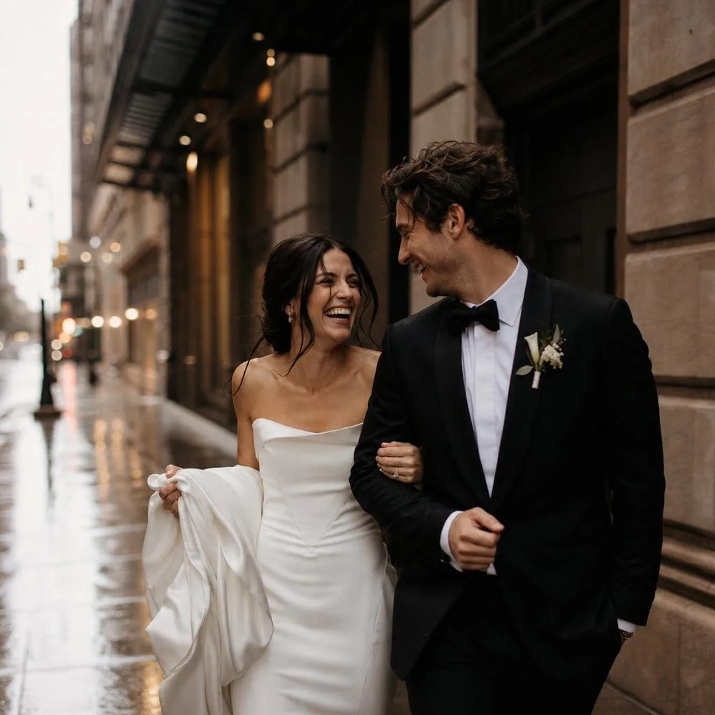 Black-tie engagement portrait at dusk